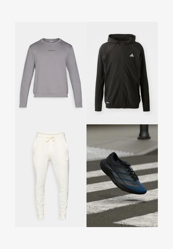 Giacca atletica nera con zip frontale, cappuccio, pannelli spalla texturizzati, polsini elasticizzati e logo riflettente. Realizzata in materiale leggero.; Felpa grigia a maniche lunghe con scollo rotondo, polsini e orlo a costine. Presenta un piccolo logo "BJÖRN BORG" in grigio scuro sul petto. Tessuto morbido.; Pantaloni della tuta bianchi in morbido tessuto, con vita elastica e cordino, tasche laterali e polsini a coste.; Scarpa sportiva nera e blu con un design aerodinamico, presenta una tomaia testurizzata, strisce a contrasto e una suola ammortizzata, sospesa sopra l'asfalto.