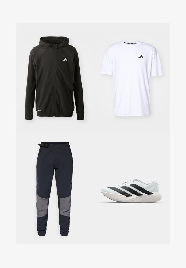 Must mustus jakkii, millel on ees lukuga taskud, kapuuts, tekstureeritud õlavarrepaneelid, elastsed mansetid ja peegelduv logo. Valmistatud kergetest materjalidest.; Valge lühikeste varrukatega T-särk, mis on valmistatud sileda tekstuuriga kangast. Vasakul rinnal on must adidas logo ja mustriline krae.; Oakley MAVEN SCRUB PANT - Õuepüksid - black/grey; Kerged jooksujalatsid helesinises värvuses mustade triipudega. Omavad siledat pealispinda, ümarat varvase osa ja paksu valget vahemõõtu, millel on silt "LIGHTSTRIKE PRO".