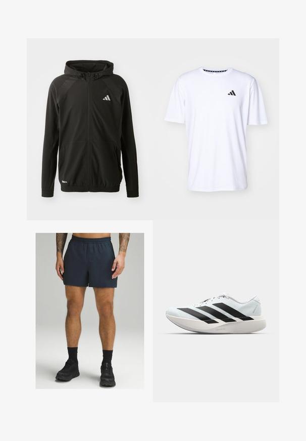 Svart idrottsjacka med framdragkedja, huva, texturerade axelpaneler, elastiska manschetter och en reflexlogotyp. Tillverkad av lätt material.; Vit kortärmad t-shirt gjord av tyg med en slät textur. Har en svart adidas-logotyp på vänster bröst och en mönstrad krage.; Marinblå idrottsshorts med elastisk midja, tillverkade av lättviktig material. Slät struktur och längd ovanför knäet.; Lätta löparskor i ljusblått med svarta ränder. Har en slät ovandel, rund tå och tjock vit mellansula märkt "LIGHTSTRIKE PRO."