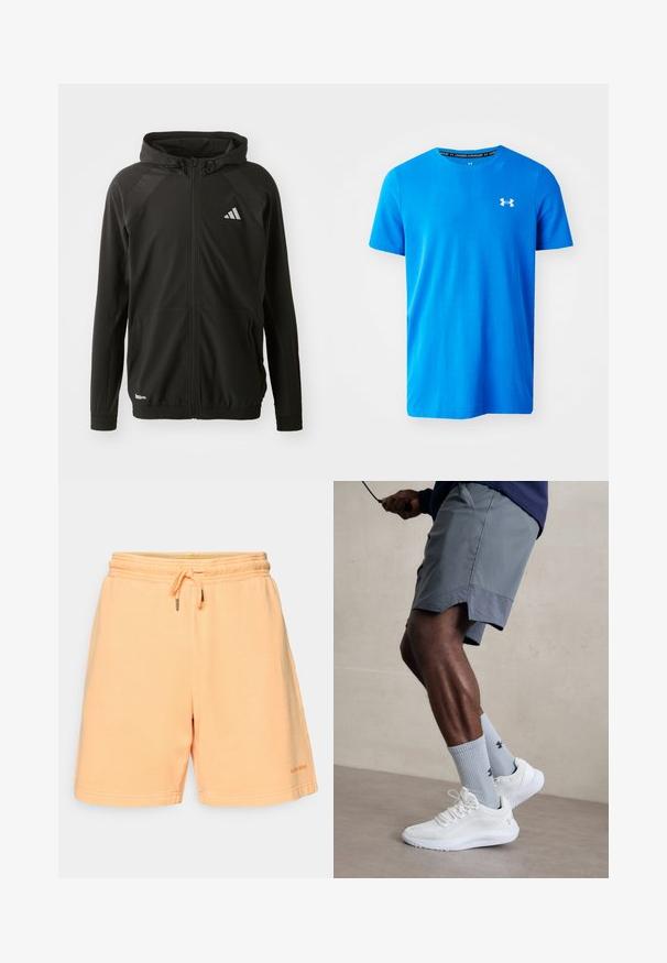 Casaco atlético preto com fecho de correr à frente, capuz, painéis texturizados nos ombros, punhos elásticos e um logótipo refletor. Fabricado em material leve.; T-shirt azul de mangas curtas, feito de tecido respirável, com um padrão texturizado subtil e um logo branco da Under Armour no peito.; Bermudas de algodão cor pêssego com cintura elástica e cordão. Apresenta bainha plana e detalhe do logo no lado inferior esquerdo.; Ténis desportivos brancos com parte superior em malha texturizada, acompanhados por meias caneleadas azul claro com um logótipo. Calções desportivos cinza com acabamento perfurado.