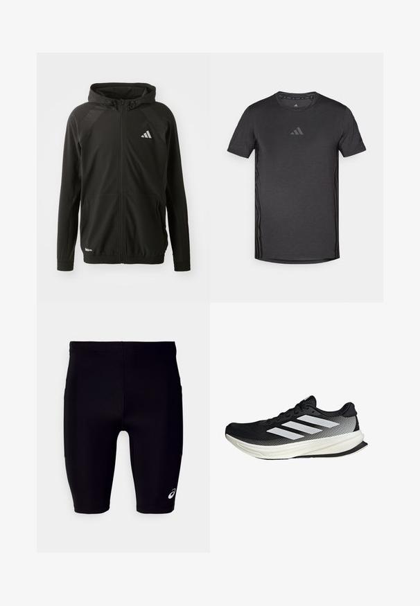 Sort atletisk jakke med en frontlynlås, hætte, teksturerede skulderpaneler, elastiske manchetter og et reflekterende logo. Fremstillet af letvægtsmateriale.; Sort atletisk T-shirt med korte ærmer, lavet af åndbart stof. Har et diskret logo på brystet og teksturerede sideaccenter.; Sorte træningsshorts lavet af strækbart materiale, med en tætsiddende pasform, knælangt design og et lille hvidt logo på den nedre side.; Sort atletisk sko med mesh-design, der har hvide striber, en rund tå og en tekstureret sål for greb og støtte.
