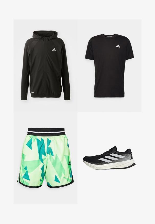 Black athletic jacket with a front zipper, hood, textured shoulder panels, elastic cuffs, and a reflective logo. Made from lightweight material.; Black cotton t-shirt with short sleeves, crew neckline, and a white logo on the left chest. Smooth texture and simple design.; Lime green shorts with a geometric teal pattern, featuring a black elastic waistband with white stripes and black side accents.; Black athletic shoe with a mesh design, featuring white stripes, a rounded toe, and a textured sole for grip and support.