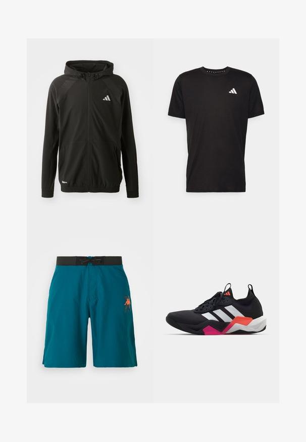 Casaco atlético preto com fecho de correr à frente, capuz, painéis texturizados nos ombros, punhos elásticos e um logótipo refletor. Fabricado em material leve.; T-shirt de algodão preto com mangas curtas, decote redondo e um logo branco no lado esquerdo do peito. Textura suave e design simples.; Calções de banho turquesa feitos de material leve. Apresentam uma cintura elástica preta com cordão e um logótipo laranja no lado esquerdo.; Sapatilha atlética preta com riscas brancas, parte superior texturizada e sola robusta com detalhes em laranja, rosa e branco. Design com atacadores e alça de puxar.