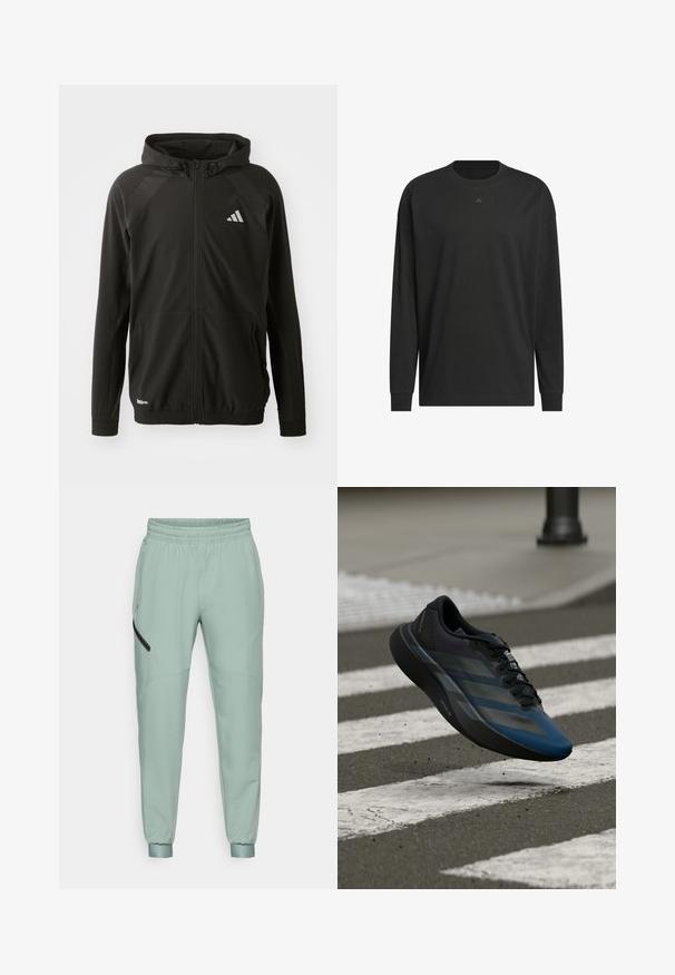 Svart idrottsjacka med framdragkedja, huva, texturerade axelpaneler, elastiska manschetter och en reflexlogotyp. Tillverkad av lätt material.; Svart långärmad t-shirt i mjuk bomull med rund halsringning, avslappnad passform och en liten logotypdetalj på bröstet.; Mintgröna joggingsbyxor med elastisk midja, smalnande muddar, slätt tyg och en ficka med dragkedja på sidan.; Svart och blå atletisk sko med en strömlinjeformad design, med ett texturerat överstycke, kontrasterande ränder och en dämpad sula, svävande över asfalt.