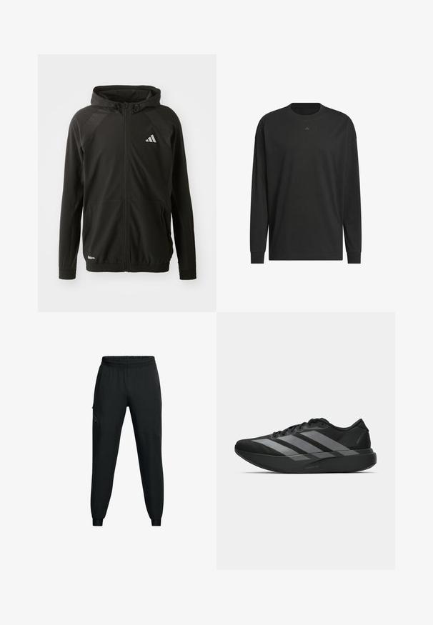 Zwarte sportjack met een rits aan de voorkant, capuchon, textuur op de schouderpanelen, elastische boorden en een reflecterend logo. Gemaakt van lichtgewicht materiaal.; Zwarte longsleeve t-shirt van zachte katoen, met een ronde hals, een relaxte pasvorm en een klein logo-detail op de borst.; Zwarte sportbroek met een elastische tailleband, taps toelopend ontwerp, zijzakken en contrasterende paneeldetails. Lichtgewicht, gladde stof.; Zwarte sportieve schoenen met een lichtgewicht ontwerp, voorzien van drie opvallende grijze strepen, een gladde textuur en een gevormde zool.