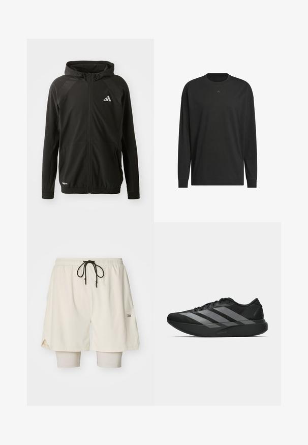 Black athletic jacket with a front zipper, hood, textured shoulder panels, elastic cuffs, and a reflective logo. Made from lightweight material.; Black long-sleeve t-shirt made of soft cotton, featuring a crew neck, relaxed fit, and small logo detail on the chest.; Cream athletic shorts with an elastic waistband, drawstring, and inner beige leggings. Textured fabric and side slits for movement.; Black athletic shoes with a lightweight design, featuring three prominent gray stripes, a smooth texture, and a contoured sole.