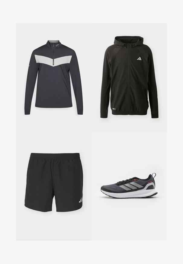 Casaco atlético preto com fecho de correr à frente, capuz, painéis texturizados nos ombros, punhos elásticos e um logótipo refletor. Fabricado em material leve.; Pullover de meia zip em cinza escuro com um padrão de chevron cinza claro ao longo do peito. Apresenta mangas longas e um tecido texturizado.; Calças de desporto pretas com cintura elástica, rachas laterais e detalhes reflectores no logótipo. Feitas de um tecido leve e suave.; Sapatilhas de corrida em preto com detalhes em cinza. Apresentam um upper texturizado, sola resistente e riscas refletoras. Design leve com um entressola almofadada.