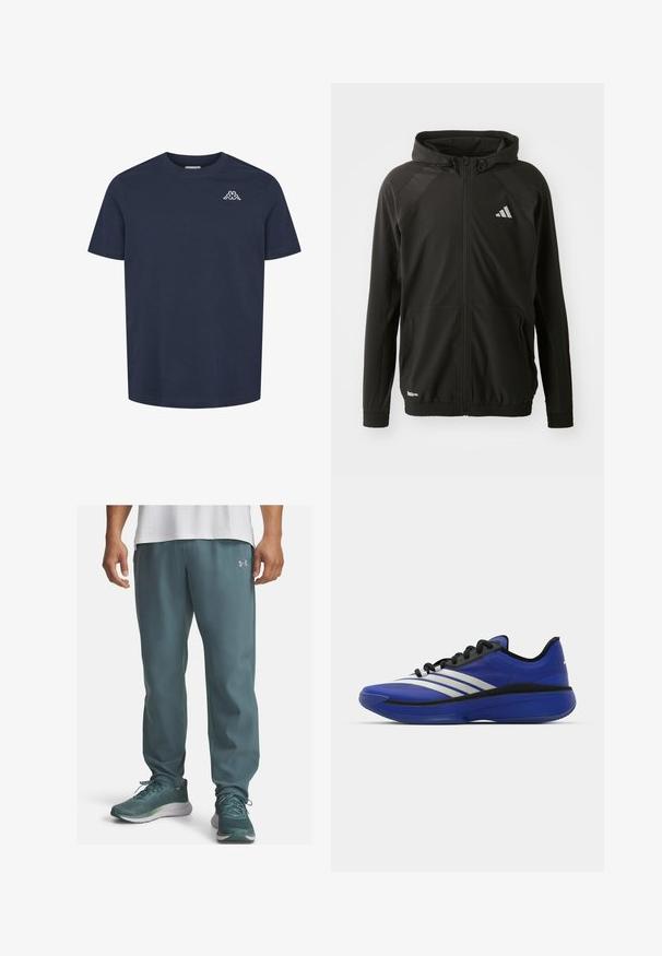 Črna športna jakna z zadrgo spredaj, kapuco, strukturiranimi ramenskimi paneli, elastičnimi manšetami in odsevnimi logotipi. Narejena iz lahkega materiala.; Temno modra majica s kratkimi rokavi in okroglim izrezom, z majhnim belim emblemom na levem prsnem delu, ki prikazuje dve sedeči postavi, obrnjeni druga proti drugi.; Lahki atletski hlače iz teal tkanine z gladko teksturo, z srebrnim logotipom na levi strani in ožjim krojem proti gležnjem.; adidas Performance ADIZERO SELECT 3.0 - Košarkarski copati - lucid blue/core black/metallic