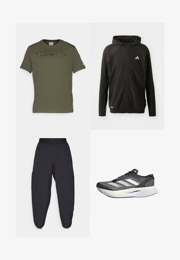 Black athletic jacket with a front zipper, hood, textured shoulder panels, elastic cuffs, and a reflective logo. Made from lightweight material.; Champion ICONS TONAL CREWNECK WITH LARGE LOGO - Print T-shirt - dark green; Black athletic pants with elastic waistband, zippered side pockets, tapered legs, and subtle logo on the right thigh.; Black and white athletic shoe with a mesh upper, features three white stripes, a prominent sole labeled "LIGHTSTRIKE PRO," and a streamlined design.