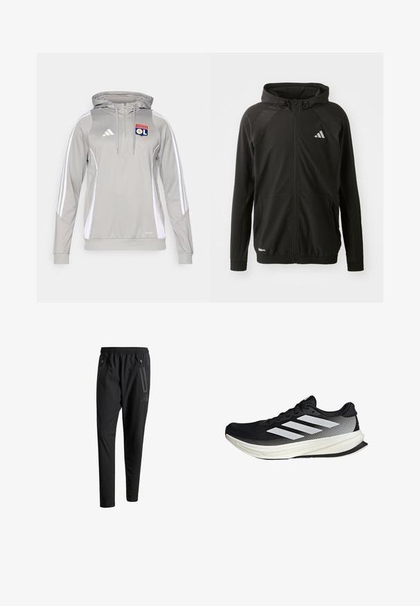 Black athletic jacket with a front zipper, hood, textured shoulder panels, elastic cuffs, and a reflective logo. Made from lightweight material.; Gray athletic hoodie with white side panels and three white stripes on sleeves. Features a front zipper, drawstring hood, and embroidered logo.; Black athletic pants with an elastic waistband, two zippered side pockets, tapered legs, and a subtle logo detail on the hip.; Black athletic shoe with a mesh design, featuring white stripes, a rounded toe, and a textured sole for grip and support.