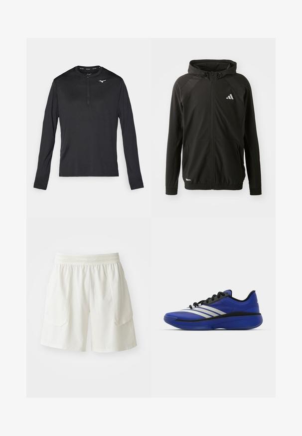 Juoda sportinė striukė su priekiniais užtrauktukais, gobtuvu, tekstūruotomis pečių panelėmis, elastiniais rankogaliais ir atspindinčiu logotipu. Pagaminta iš lengvos medžiagos.; Juodo ilgo rankovės sportinio marškinėlio, su pusiau užtraukiama apykakle ir maža balta logo ant krūtinės. Pagaminta iš lygaus, lengvo audinio.; ASICS MATCH SHORT - Sportiniai šortai - cream; adidas Performance ADIZERO SELECT 3.0 - Krepšinio batai - lucid blue/core black/metallic