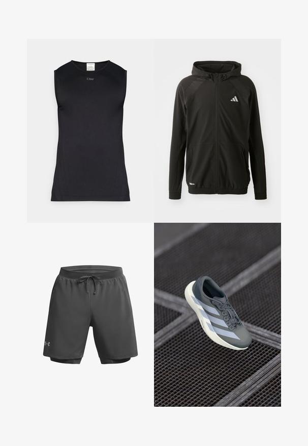 Juoda sportinė striukė su priekiniais užtrauktukais, gobtuvu, tekstūruotomis pečių panelėmis, elastiniais rankogaliais ir atspindinčiu logotipu. Pagaminta iš lengvos medžiagos.; Juodas be rankovių sportinis marškinėlis, pagamintas iš lygios, tamprių audinio. Yra apvali iškirptė ir subtilus logotipas priekyje.; Tamsiai pilkos sportinės šortai su elastinga juosta, reguliuojama raišteliu ir vidine tinkline danga; ant kairiojo kojos yra subtilus logotipas.; Sportiniai batai pilkos ir baltos spalvos, pagaminti iš sintetinės medžiagos, su srauniu dizainu, tekstūruota danga ir ryškiu raištelių sistemu.