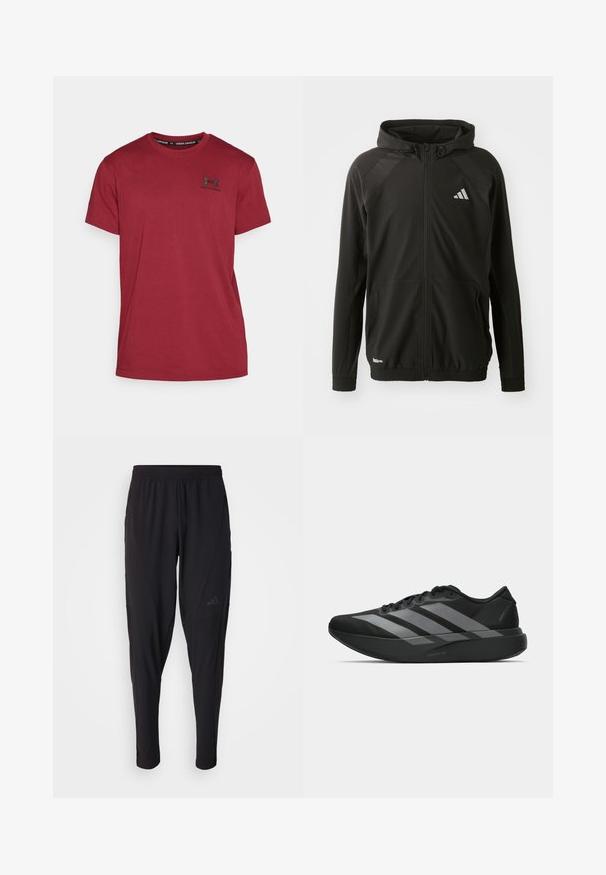Black athletic jacket with a front zipper, hood, textured shoulder panels, elastic cuffs, and a reflective logo. Made from lightweight material.; Under Armour LOGO HEAVYWEIGHT - Basic T-shirt - cardinal/black; Black athletic pants with an elastic waistband, tapered design, side pockets, and subtle logo detail. Made from flexible, breathable fabric.; Black athletic shoes with a lightweight design, featuring three prominent gray stripes, a smooth texture, and a contoured sole.