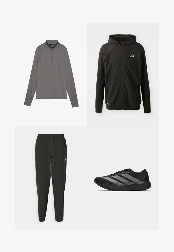 Casaco atlético preto com fecho de correr à frente, capuz, painéis texturizados nos ombros, punhos elásticos e um logótipo refletor. Fabricado em material leve.; Camisola cinza de mangas compridas com um colarinho de meia-zíp. Apresenta mangas raglan e um logótipo na frente. Feita de um material suave e elástico.; Calças de atletismo pretas com cintura elástica, corte justo e logotipo branco na perna esquerda. Tecido liso e leve.; Sapatilhas desportivas pretas com um design leve, apresentando três faixas cinzas proeminentes, uma textura suave e uma sola contornada.