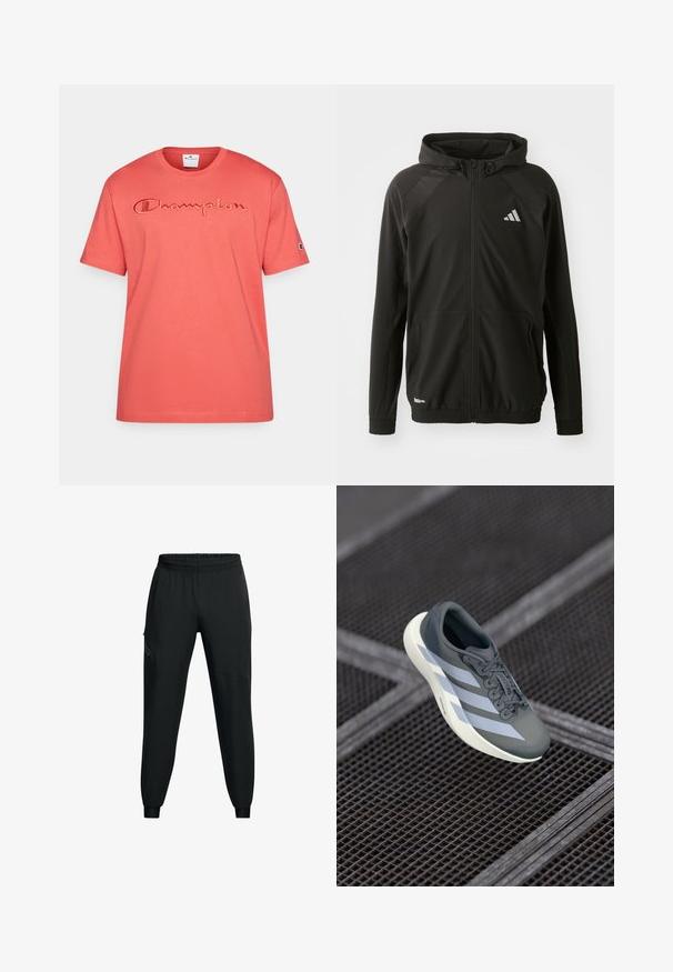 Black athletic jacket with a front zipper, hood, textured shoulder panels, elastic cuffs, and a reflective logo. Made from lightweight material.; Coral cotton T-shirt with short sleeves, featuring embroidered "Champion" logo across the chest and a small logo on the sleeve.; Black athletic pants with an elastic waistband, tapered leg design, side pockets, and contrasting panel details. Lightweight, smooth fabric.; Sport shoe in gray and white, made of synthetic material, with a streamlined design, textured finish, and prominent lacing system.