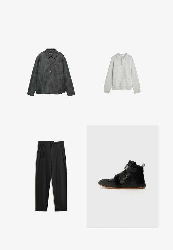 Veste en simili cuir gris foncé avec boutons pression, une poche poitrine, deux poches latérales et un large col.; Pull en tricot gris avec un col montant, trois boutons à l'avant et un ourlet côtelé. Le tissu semble doux et texturé, avec une coupe décontractée.; Pantalon en coton noir avec une coupe décontractée, dotés d'une taille classique, de plis à l'avant et de poches latérales. Texture lisse sans motifs.; Baskets montantes noires avec deux sangles réglables, tige en cuir texturé, détails en maille et semelle en caoutchouc beige.
