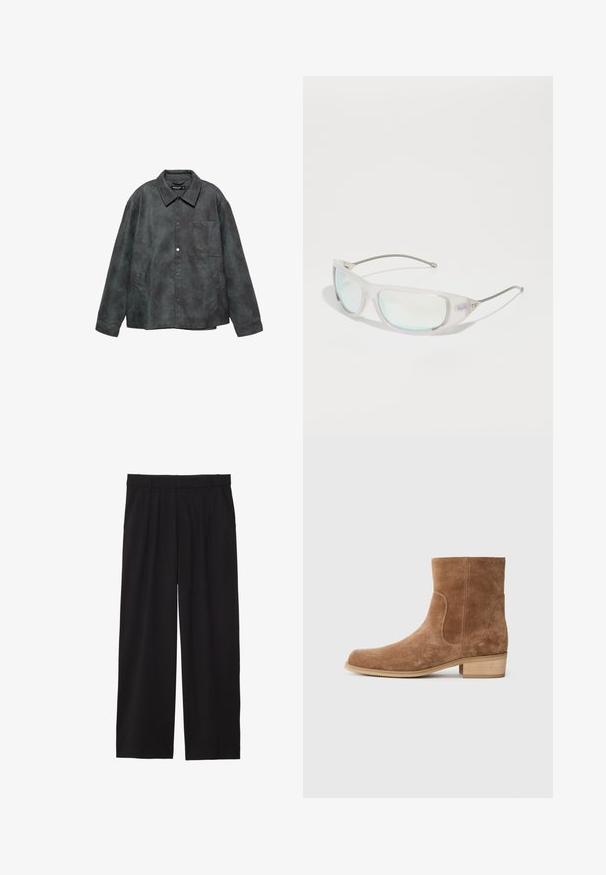 Tmavě šedá umělá kožená bunda s patentkami, náprsní kapsou, dvěma bočními kapsami a širokým límcem.; Černá košile s texturovaným vzorem, vyšitými spirálami a kruhovými vzory, doplněná bílými knoflíky. Měkká tkanina, design s límečkem.; Černé široké kalhoty s skladaným předním dílem, bočními kapsami a hladkou texturou tkaniny. Navrženy pro pohodlný střih.; Hnědé semišové kotníkové boty s mírně zaoblenou špičkou, nízkým přirozeným dřevěným podpatkem, elastickými bočními panely a hladkým švem podél spojů.; Sluneční brýle s poloprůhledným světle fialovým rámem, zrcadlovými modrými skly a štíhlými kovovými nožičkami. Disponují úhlovým designem a nenápadným detaily loga.