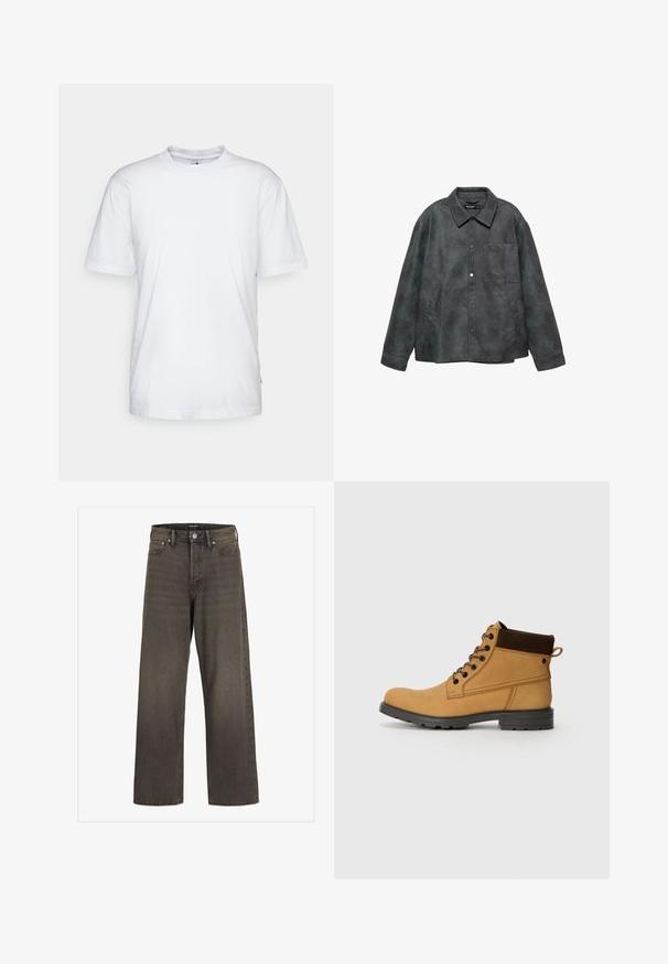 Dunkelgraue Kunstlederjacke mit Druckknöpfen, einer Brusttasche, zwei Seitentaschen und einem breiten Kragen.; Weißes Baumwoll-T-Shirt mit Rundhalsausschnitt, kurzen Ärmeln und geradem Saum. Auf der linken Seitennaht befindet sich ein kleines Markenzeichen.; Weite Jeans aus dunkelgrauem Denim mit hoher Taille, klassischem Fünf-Taschen-Design und kontrastierendem Stepp entlang der Nähte.; Jack & Jones JFWCRANFIELD - Schnürstiefelette - honey