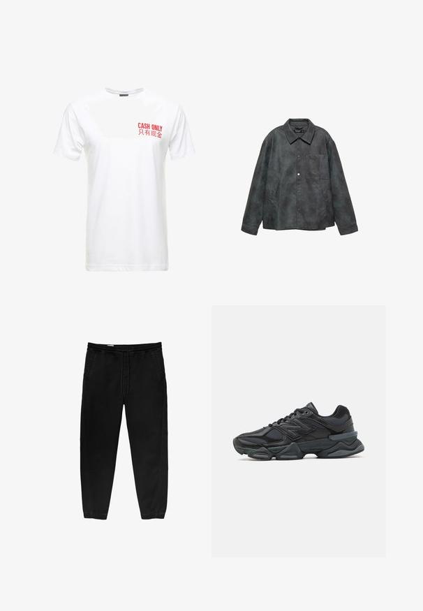 Tmavě šedá umělá kožená bunda s patentkami, náprsní kapsou, dvěma bočními kapsami a širokým límcem.; Bílá bavlněná tričko s krátkým rukávem, s červeným potiskem na levé hrudi, který zní "KONLY CASH" a jeho čínský ekvivalent.; Černé kalhoty s elastickým pasem a stahovací šňůrkou, se zúženými nohavicemi, bočními kapsami a jemnými detaily bočního šití. Měkká textilie z bavlny.; Černá běžecká bota s kombinací síťoviny a syntetických materiálů, masivní podešev, zakřivený design a výrazné logo na boku.