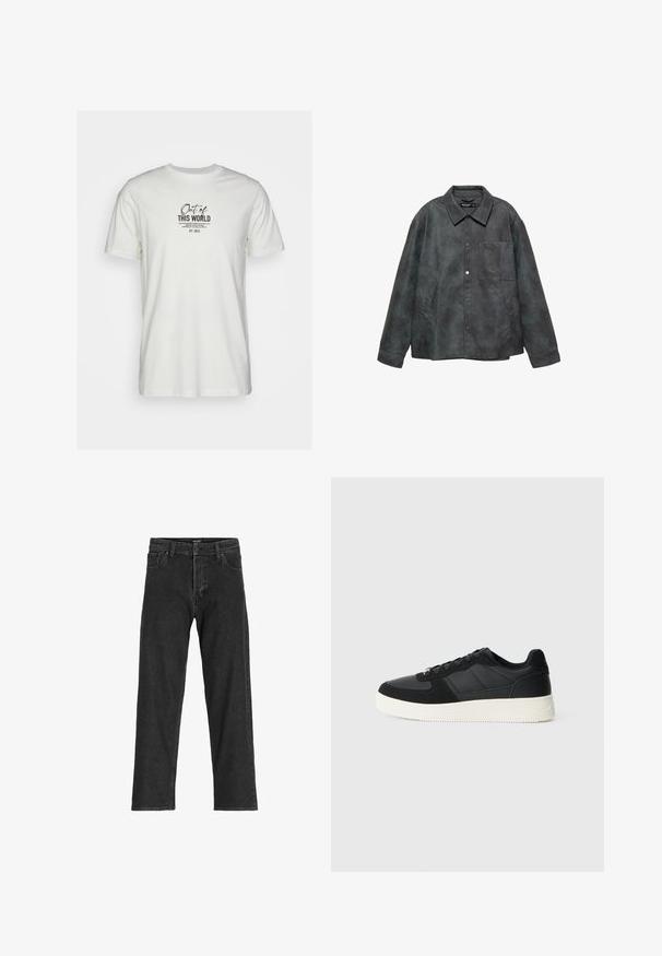 Dunkelgraue Kunstlederjacke mit Druckknöpfen, einer Brusttasche, zwei Seitentaschen und einem breiten Kragen.; Weißes Baumwoll-T-Shirt mit einem schwarzen Grafikdruck und Text. Kurzärmlig und mit Rundhalsausschnitt, schlichtes Design ohne zusätzliche Verzierungen.; Schwarze Jeans aus Denim mit geradem Bein, ausgestattet mit einem Reißverschluss, Gürtelschlaufen und sechs Taschen, gefertigt aus einem robusten Baumwollmischgewebe.; Schwarzer Low-Top-Sneaker mit strukturiertem Leder und Wildlederpaneelen, weißer Gummisohle und schwarzen Schnürsenkeln auf einem schlichten hellen Hintergrund.