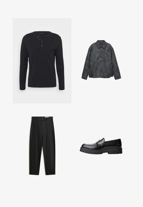 Giubbotto in similpelle grigio scuro con bottoni a pressione, una tasca sul petto, due tasche laterali e un ampio colletto.; Maglietta nera a maniche lunghe tipo henley, realizzata in tessuto morbido, con patta bottonata, scollatura rotonda e maniche aderenti.; Pantaloni in cotone neri con una vestibilità rilassata, dotati di una vita classica, pieghe frontali e tasche laterali. Tessuto liscio senza fantasie.; Mocassino in pelle nera con suola spessa e tassellata e fascia decorativa sulla parte superiore, mostrato in profilo sinistro su sfondo bianco.