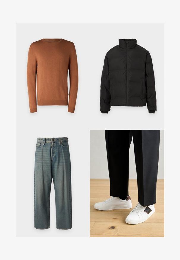 Black padded winter jacket with high collar, front zipper, and side pockets, displayed on a white background.; Brown knit sweater with a round neck, long sleeves, ribbed cuffs and hem, featuring a smooth texture and a simple design.; Light blue denim jeans with a loose fit, mid-rise waist, and straight legs. Features five pockets, belt loops, and a button closure.; White sneakers with smooth texture, featuring brown leather accents and black detailing, paired with black tailored pants. Wooden floor background.