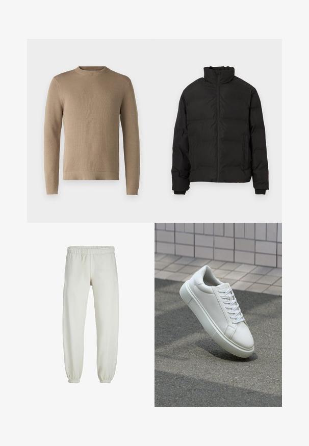 Svart vadderad vinterjacka med hög krage, framtill dragkedja och sidofickor, visad på vit bakgrund.; Beige stickad tröja med rund hals, ribbade muddar och nederkant, samt strukturerad tyg, med en enfärgad utan mönster eller detaljer.; Vita sweatpants gjorda av mjukt tyg, med elastisk midja och muddar, samt en slät textur och lös passform.; Vit lädersneaker med en slät yta, rund tå och platta vita snören. Har en texturerad gummisula och minimalistiska designelement.