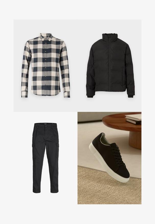 Čierna zateplená zimná bunda s vysokým golierom, predným zipsom a bočnými vreckami, vystavená na bielom pozadí.; Košeľa s dlhým rukávom v námorníckej modrej a krémovej kockovanej vzore, s golierom na zapínanie, vyrobená z bavlny, s oblým spodným lemom a kontrastnými gombíkmi.; Čierne cargo nohavice z odolnej látky, s viacerými vreckami, gombíkovým zapínaním a úzkym strihom so zúženými nohavicami.; Čierna teniska s bielou podrážkou plávajúca nad béžovým textúrovaným kobercom pri okrúhlom drevenom stole s hromadou kníh.