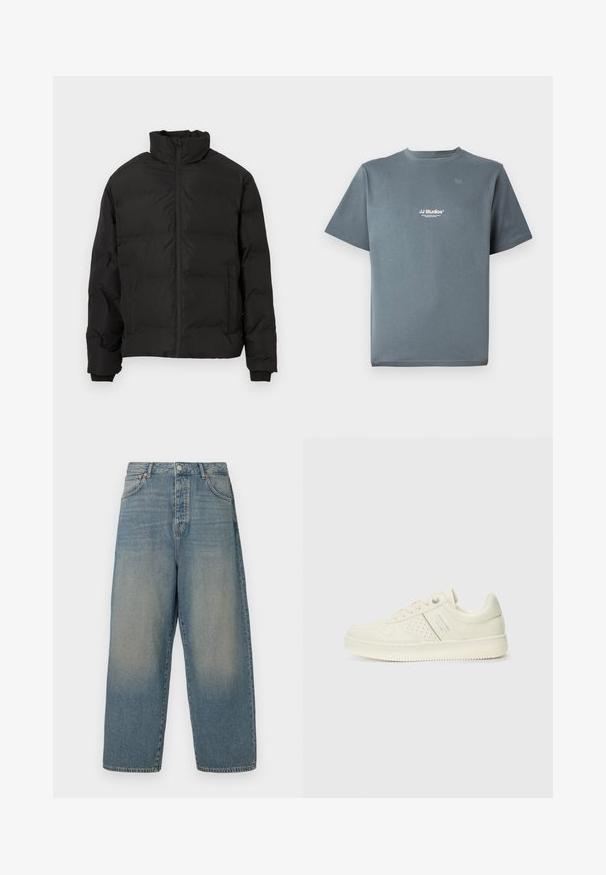 Casaco de inverno acolchoado preto com gola alta, fecho dianteiro e bolsos laterais, exibido sobre um fundo branco.; T-shirt cinza de algodão com decote redondo, mangas curtas e um pequeno logótipo branco "JJ Studios" no peito. Textura suave e corte descontraído.; Calças de ganga de perna larga em azul claro, com alta cintura, quatro bolsos e costura em contraste. Textura suave com um acabamento desbotado.; Sapatilha de cor creme com detalhes perfurados, atacadores e logotipo na lateral, apresentada contra um fundo branco liso.