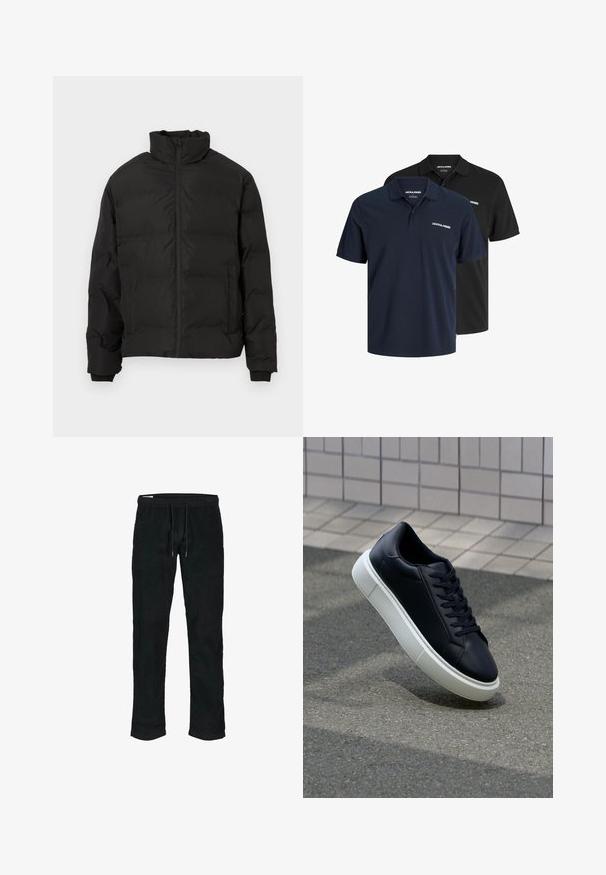 Black padded winter jacket with high collar, front zipper, and side pockets, displayed on a white background.; Two polo shirts: one navy with white logo and one black. Both feature a classic collar and short sleeves, made from lightweight fabric.; Black corduroy pants with elastic waistband, adjustable drawstring, tapered legs, and subtle vertical ribbed texture.; Black leather sneaker with rounded toe and white rubber sole. Features flat laces and minimal stitching on the upper. Textured sole for grip.