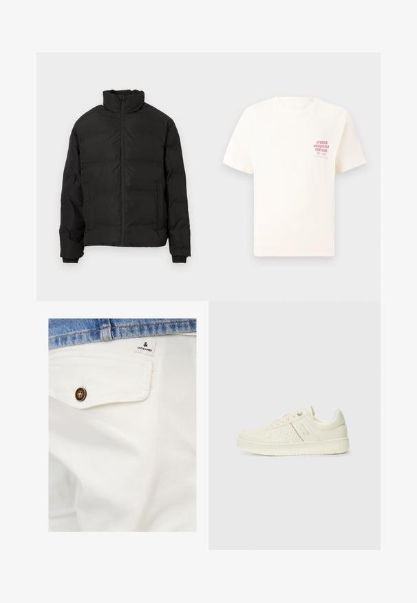 Casaco de inverno acolchoado preto com gola alta, fecho dianteiro e bolsos laterais, exibido sobre um fundo branco.; T-shirt branca de mangas curtas com o texto vermelho "Edição Originais do Estúdio" no lado esquerdo do peito, apresentada sobre um fundo cinza neutro.; Calções brancos de algodão com um bolso à frente, apresentando um botão castanho e uma pequena etiqueta JACK & JONES perto da cintura.; Sapatilha de cor creme com detalhes perfurados, atacadores e logotipo na lateral, apresentada contra um fundo branco liso.