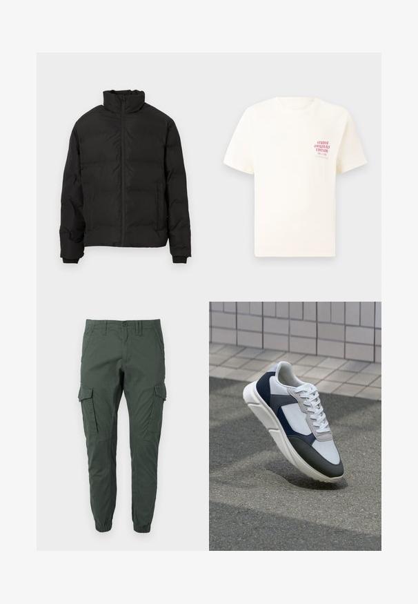 Veste d'hiver noire rembourrée avec col montant, fermeture éclair avant et poches latérales, présentée sur un fond blanc.; T-shirt blanc à manches courtes avec le texte rouge "Édition Originals du Studio" sur la poitrine gauche, présenté sur un fond gris neutre.; Jack & Jones JPSTPAUL FLAKE - Pantalon cargo - urban chic; Baskets blanches, bleu marine et grises avec un design en matériaux mélangés, présentant une tige texturée, des lacets plats et une semelle rembourrée.