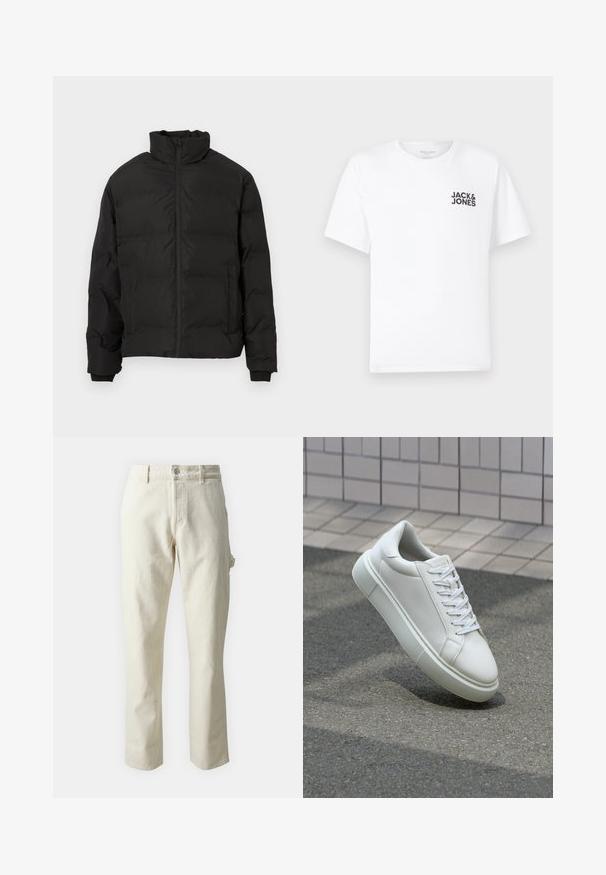 Musta topattu talvitakki korkealla kauluksella, edessä vetoketju ja sivutaskut, esitelty valkoisella taustalla.; Valkoinen puuvillapaita, lyhyet hihat, pyöreä kaula-aukko. Vasemmassa rintakehässä musta tekstilogo "JACK & JONES". Yksinkertainen, neutraali muotoilu.; Beige suoralahkeiset housut, jotka on valmistettu pehmeästä puuvillasta. Niissä on edessä nappikiinnitys ja sivutaskut.; Valkoinen nahkainen lenkkari, jossa on sileä pinta, pyöreä kärki ja tasaiset valkoiset nauhat. Varustettu teksturoidulla kumi-pohjalla ja vähäisillä muotoiluelementeillä.