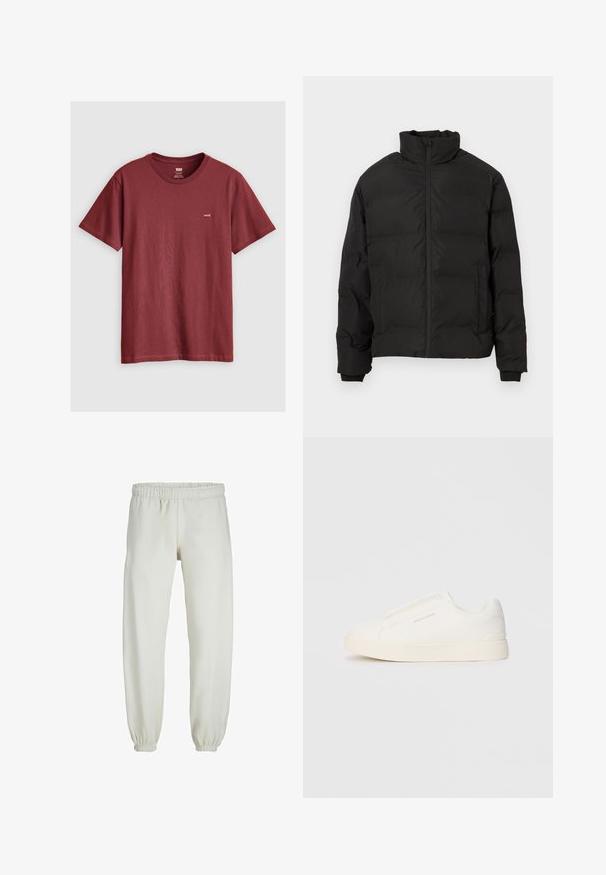 Fekete párnázott télikabát magas gallérral, elülső cipzárral és oldalsó zsebekkel, fehér háttéren bemutatva.; Burgundy színű, rövid ujjú póló, amely pamutból készült; kerek nyakkivágása van, és egy kis logó címke található a bal mellen. Sima tapintású.; Fehér melegítőnadrág, puha anyagból készült, rugalmas derékrésszel és mandzsettával, sima tapintású és laza szabású.; Fehér slip-on sportcipők texturált felülettel, vastag talppal és minimalista dizájnnal. Az oldalon a márka logója található.
