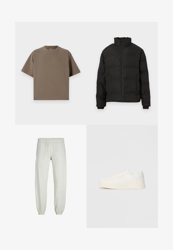 Juodas paminkštintas žieminis švarkas su aukštu apykakle, priekiniais užtrauktukais ir šoniniais kišenėmis, pateiktas baltoje fone.; Ruda, trumpomis rankovėmis marškinėliai, pagaminti iš minkštos medžiagos, su apvaliu iškirpimu. Siūlo laisvą siluetą ir paprastą apvadu.; Baltos sportinės kelnės, pagamintos iš minkštos medžiagos, su elastinga juosmeniu ir rankogaliais, turinčios lygią tekstūrą ir laisvą siluetą.; Baltos slip-on sportbačiai su tekstūruota paviršiumi, storesniu padu ir minimalistišku dizainu. Šone matosi prekės ženklo logotipas.
