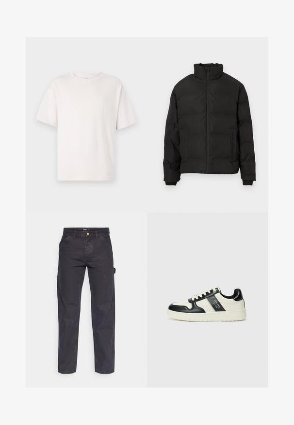 Musta topattu talvitakki korkealla kauluksella, edessä vetoketju ja sivutaskut, esitelty valkoisella taustalla.; Valkoinen lyhythihainen t-paita, joka on valmistettu pehmeästä puuvillasta. Ominaisuuksiin kuuluvat pyöreä kaula-aukko ja rento istuvuus. Tasainen pinta, jossa ei ole kuvioita tai yksityiskohtia.; Tummanharmaat cargo-housut, jotka on valmistettu kestävästä kankaasta. Niissä on suora lahkeellinen leikkaus, viisi taskua ja nappikiinnitys vyötäröllä.; Nahkakengät musta-kerma värimaailmassa, joissa on rei'itetyt yksityiskohdat, pehmustettu nilkkaosa ja teksturoitu pohja.