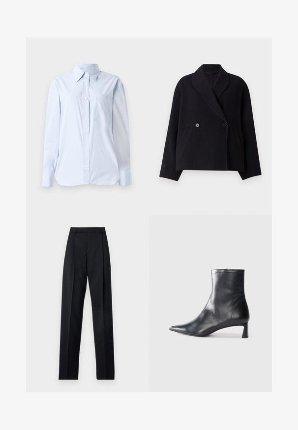 Črn plašč iz volnenega mešanega materiala z dvorednim zapiranjem, zareznim ovratnikom, stranskimi žepe in kvadratno silhueto. Gladka tekstura.; Svetlo modra srajca z gumbi, izdelana iz bombaža, z ošiljenim ovratnikom, dolgimi rokavi, žepom na prsih in ravnim robom.; Črne hlače iz gladkega materiala, ki imajo visok pas, široke noge, sprednje nabore in klasične zanke za pas. Nevidni stranski žepi.; Črne usnjene gležnjarje s šiljastim nosom in elegantnim dizajnom. Imajo nizko peto in zadrgo na zadnji strani. Gladka tekstura.