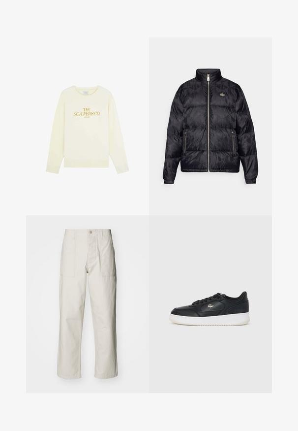 Lacoste Piumino - black; Scalpers ATELIER - Felpa - off white; Pantaloni a gamba larga beige chiaro in cotone. Presentano tasche frontali e chiusura con bottone. Tessuto liscio con sottili linee verticali.; Sneaker in pelle nera con suola bianca, caratterizzato da una punta arrotondata, design con lacci e un logo discreto sul lato. Accenti in tessuto sulla parte superiore.