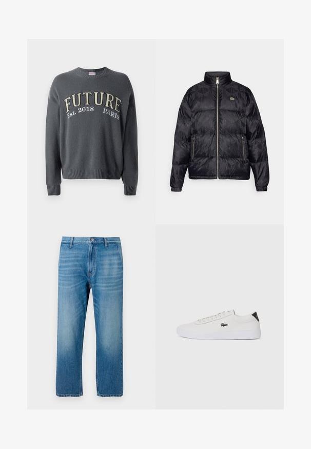 Lacoste Jachetă cu puf - black; Pulover tricotat gri închis, cu mansete și tiv cu margini ondulate, având brodat pe piept "FUTURE Est. 2018 PARIS" în nuanțe de bej și alb.; Jeans din denim de culoare albastră deschisă, cu croi drept, design cu cinci buzunare, închidere cu nasture și estompare subtilă pe față. Fără modele vizibile.; Tenis din piele albă cu vârf rotund, sistem de prindere cu șireturi în față și accent negru la călcâi. Are un mic logo brodat cu crocodil pe lateral.