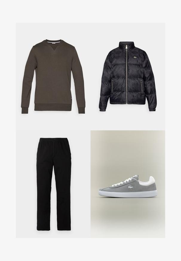 Lacoste Páperová bunda - black; Björn Borg CENTRE CREW - Mikina - peat; Čierne nohavice vyrobené z bavlnenej zmesi, so strihom rovného strihu, elastickým pásom s gombíkom a bez viditeľných vzorov alebo akcentov.; Šedé semišové tenisky s bielou gumovou podrážkou, šnurovací uzáver a vyšívané logo na boku. Minimalistický dizajn s klasickým siluetou.