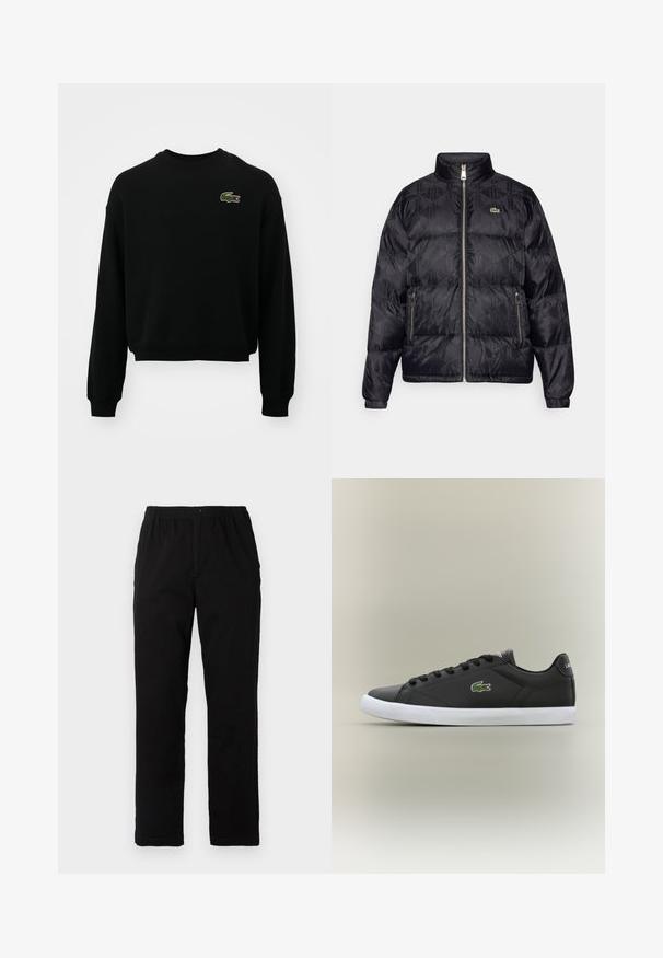 Lacoste Dūnu jaka - black; Melnā īsā kapu aizsargkrekls, izgatavots no kokvilnas maisījuma, ar garām piedurknēm un izšūtu zaļu krokodila logotipu uz krūtīm.; Melnas bikses no kokvilnas maisījuma auduma, ar taisnu griezumu, elastīgu jostasvietu ar pogu un bez redzamām rakstu vai akcentiem.; Melnas ādas sporta apavas ar baltu gumijas zoli, rotāts ar zaļu krokodila logotipu un apaļām šņorēm, elegants dizains ar gludu tekstūru.