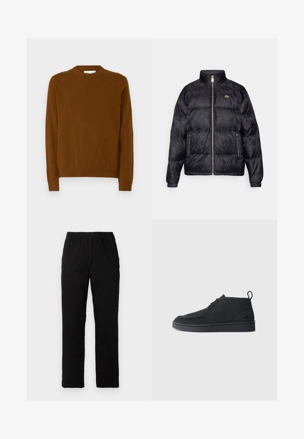 Lacoste Sulejope - black; Pruunist kaunistatud sviiter ümmarguse kaelusega, pikkade varrukatega, soonikkoes mansettide ja äärtega. Pehme tekstuur sileda viimistlusega.; Mustad mustreid, puuvillast segakanga valmistatud mustad püksid, mis on sirge lõikega, elastse vöökoht ja nööp, ilma nähtavate mustrite või aktsentideta.; Must värvi sametist nööbitavad ankle-kingad tõmbluku ja tekstureeritud tallaga, millel on külgedel väike reljeefne krokodillilogo.