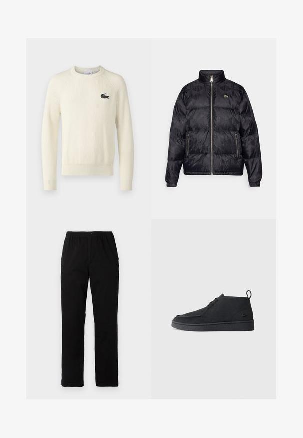 Lacoste Tollkabát - black; Krém színű bordázott pulóver hosszú ujjal, kerek nyakkivágással és Lacoste logóval a mellrészen. Texturált anyagból készült.; Fekete pamut keverék anyagú nadrág, egyenes szabású, rugalmas derékrésszel és gombbal, látható minták vagy díszítések nélkül.; Fekete velúr, fűzős bokacsizma, húzófüllel és texturált talppal, oldalt kis, dombornyomott krokodil logóval.