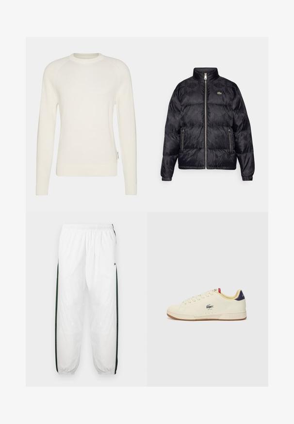 Lacoste Daunenjacke - black; Cremfarbener Strickpullover mit langen Raglanärmeln, einem Rundhalsausschnitt und gerippten Bündchen. Der Stoff hat ein strukturiertes Muster und ein dezentes Logodetail am Saum.; Weiße Trainingshose mit dunkelgrünen Seiteneinsätzen. Leichtes Material, elastischer Bund und gerippte Säume. Mit Netzstruktur an den Seiteneinsätzen.; Lacoste Sneaker aus cremefarbenem Leder mit strukturiertem Finish. Verfügt über eine Gummisohle, Schnürverschluss, navyfarbene Ferse und gesticktes Logo.