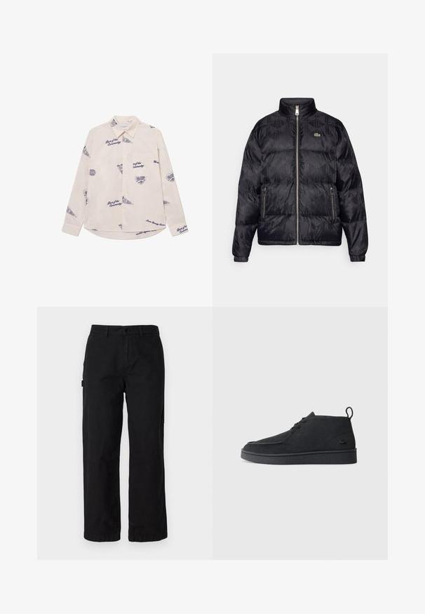 Lacoste - Kurtka puchowa; Jasno beżowa koszula z długim rękawem z granatowymi grafikami i tekstem. Posiada kołnierzyk z guzikami oraz kieszeń na piersi. Wykonana z bawełny.; Czarne bawełniane spodnie cargo z prostą nogawką, wyposażone w kieszenie boczne i zapięcie na guzik z przodu. Trwały materiał o gładkiej teksturze.; Czarne zamszowe botki za kostkę na sznurki z pętelką i teksturowaną podeszwą, z małym wytłoczonym logo krokodyla z boku.