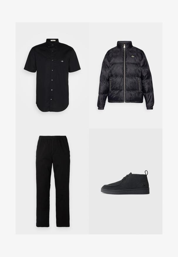 Lacoste Doudoune - black; Chemise noire à manches courtes, en coton, col à boutons, poche frontale avec logo brodé, ourlet droit, texture lisse.; Pantalons noirs en tissu mélangé de coton, avec une coupe droite, une taille élastique avec bouton et sans motifs ni accents visibles.; Bottines en suède noir à lacets avec tirant et semelle texturée, présentant un petit logo de crocodile embossé sur le côté.