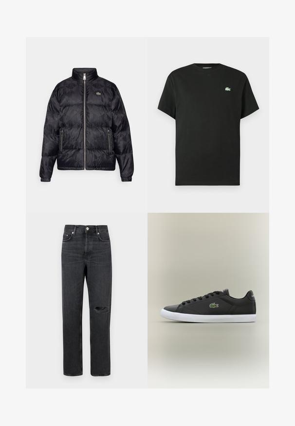 Lacoste Tollkabát - black; Fekete pamut póló kerek nyakkivágással, rövid ujjakkal, bal oldalon zöld hímzett logóval. Simaságú anyag, laza szabás.; Fekete farmernadrág egyenes szárakkal, térdnél lyukas, öt zsebes kialakítással, és fémből készült kiegészítőkkel a deréknál és a zsebeknél.; Fekete bőr sportcipők fehér gumitalppal, zöld krokodil logóval és kerek fűzőkkel, elegáns dizájn sima felülettel.