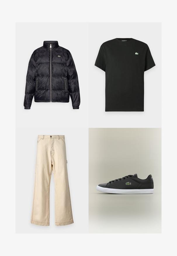 Lacoste Puhovka - black; Črna bombažna majica s kratkimi rokavi in okroglim izrezom, z zelenim izvezenim logotipom na levi strani prsnega koša. Gladek tekstura, sproščen kroj.; Bež široke hlače iz bombaža z zadrgo in gumbom, ki se ponašajo z kontrastnim šivanjem in stranskimi žepi.; Črne usnjene superge z belo gumijasto podplatom, z zelenim krokodiljim logotipom in okroglimi vezalkami, elegantna zasnova z gladko teksturo.