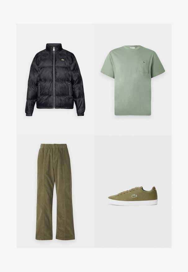 Lacoste Páperová bunda - black; Svetlozelené tričko s krátkym rukávom z bavlny s náprsnom vreckom, na ktorom je malé vyšívané logo krokodíla.; Olivené manžetové nohavice s širokými nohavicami, elastickým pásom a viditeľným prešívaním pozdĺž strán.; Olivové tenisky s hladkým materiálom, bielou gumovou podrážkou a vyšitým podpisovým logom krokodíla Lacoste na boku.