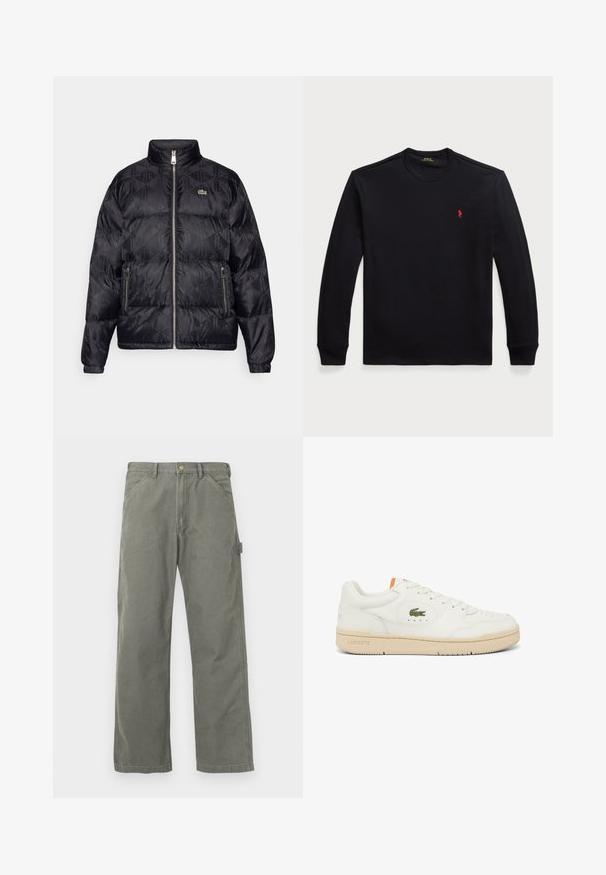 Lacoste Páperová bunda - black; Čierna bavlnená košeľa s dlhými rukávmi a okrúhlym výstrihom, na hrudi má malé červené logo. Hladká textúra a priliehavý strih.; Nohavice typu cargo v olivovo zelenej farbe, vyrobené zo zmesi bavlny. Majú rovný strih nohavíc, bočné cargo vrecko a zapínanie na kovový gombík.; Biele kožené tenisky s béžovou podrážkou, okrúhlymi šnúrkami, vyšívaným zeleným logom krokodíla a oranžovým detailom na jazyku.